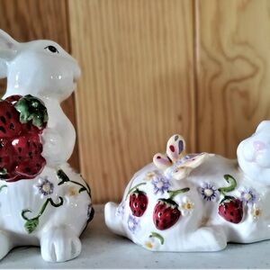 Ceramic Bunny Figurines with Strawberries